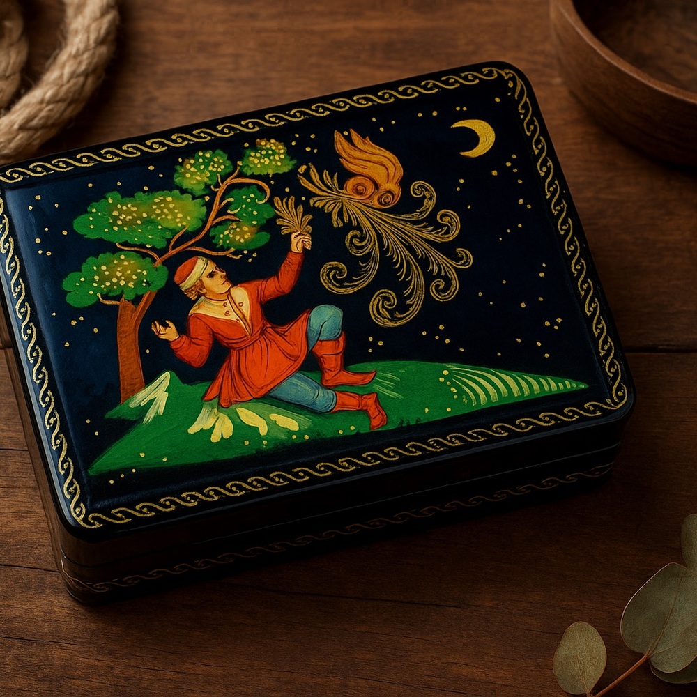 Hand Painted Russian Lacquer Box Prince Ivan & Firebird‎ Trinket Box Vintage